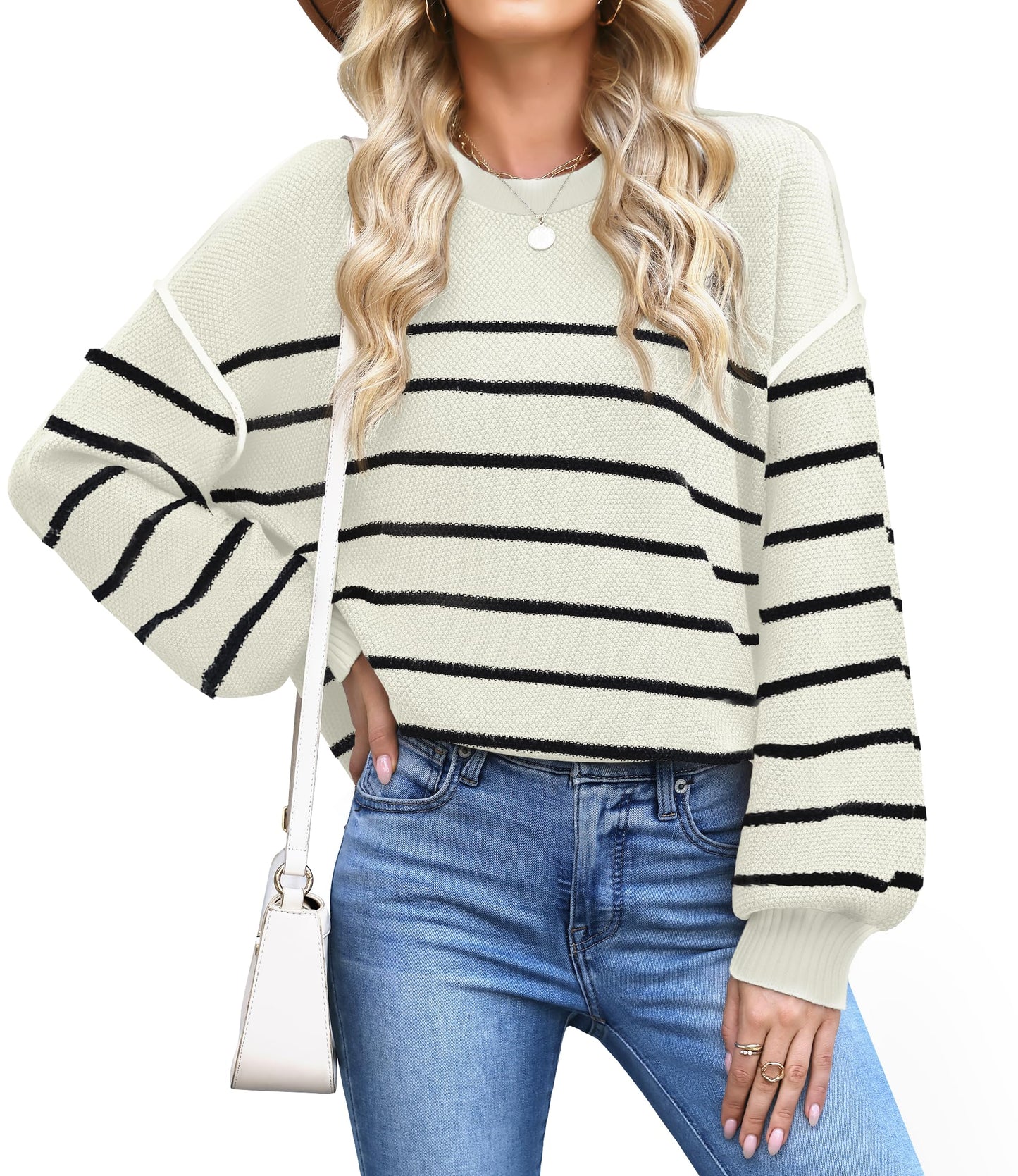 WEACZZY Women's Crew Neck Sweaters Oversized Pullover Sweatshirt Long Sleeve Side Slit Hem Color-Block Trim Fashion Tops 2026