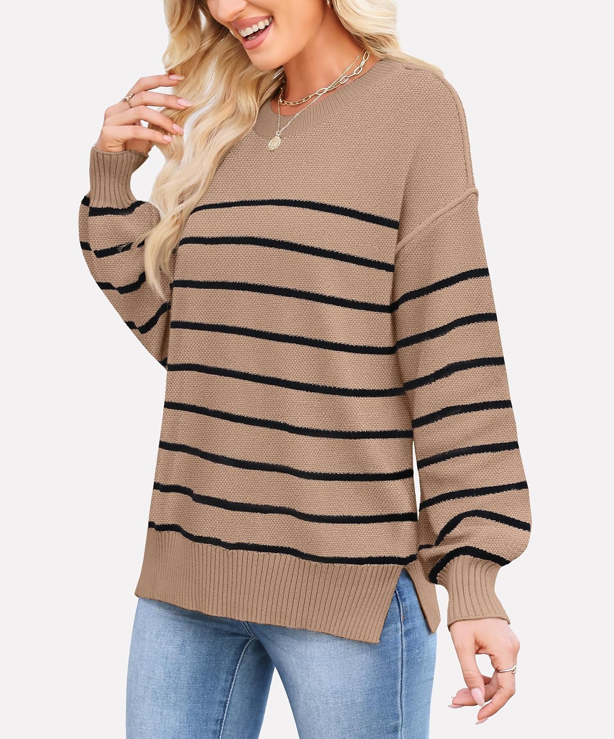 WEACZZY Women's Crew Neck Sweaters Oversized Pullover Sweatshirt Long Sleeve Side Slit Hem Color-Block Trim Fashion Tops 2026