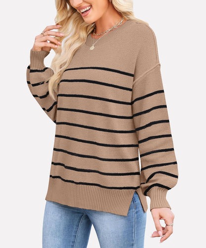 WEACZZY Women's Crew Neck Sweaters Oversized Pullover Sweatshirt Long Sleeve Side Slit Hem Color-Block Trim Fashion Tops 2026