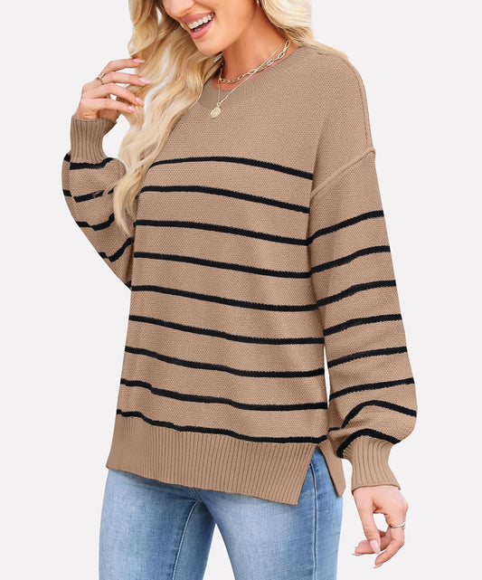 WEACZZY Women's Crew Neck Sweaters Oversized Pullover Sweatshirt Long Sleeve Side Slit Hem Color-Block Trim Fashion Tops 2026