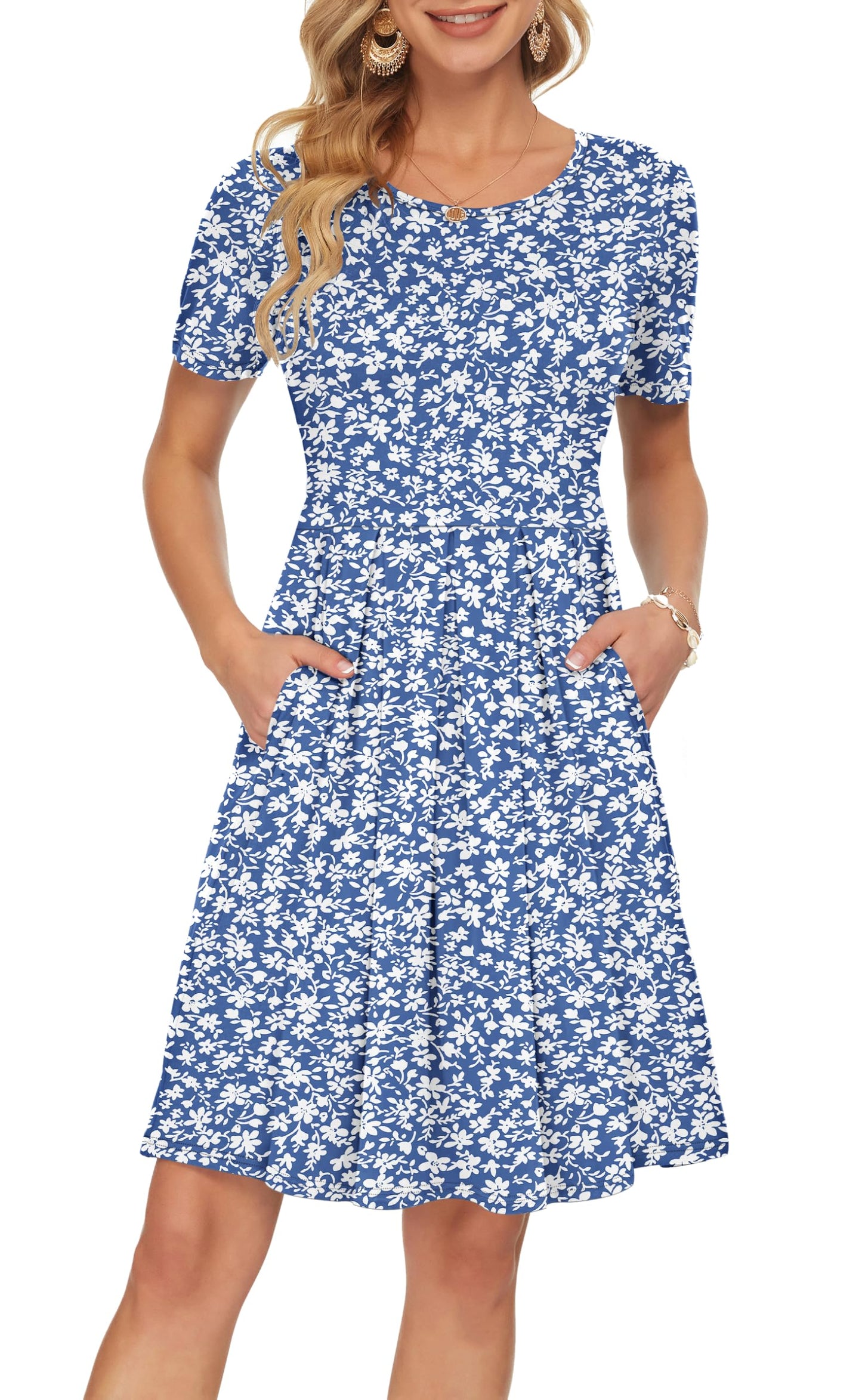 AUSELILY Women's Short Sleeve Summer Dress Pleated Loose Swing Knee Length Dresses with Pockets 2026 New