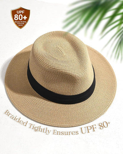 FURTALK Sun Hat Wide Brim Straw Fedora Panama Beach for Men Women | Foldable & Packable for Travel, Breathable Sweatband, Adjustable Chin Strap, Ideal for Summer Boating, Gardening or Holidays