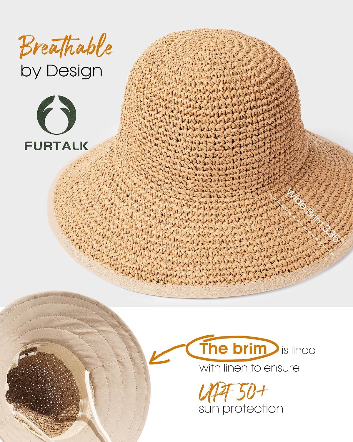 FURTALK Summer Straw Beach Sun Hats for Women UPF 50 Floppy Wide Brim Travel Bucket Hat Foldable Packable