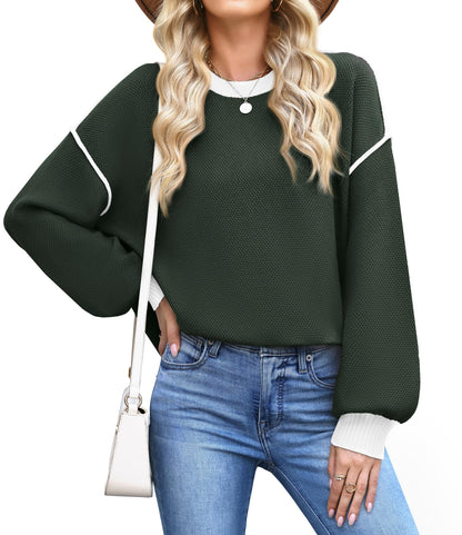 WEACZZY Women's Crew Neck Sweaters Oversized Pullover Sweatshirt Long Sleeve Side Slit Hem Color-Block Trim Fashion Tops 2026