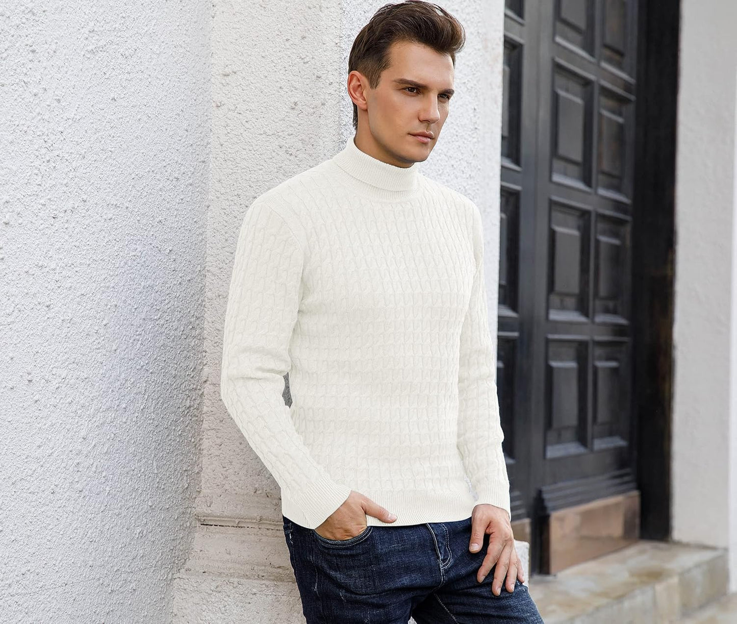 Sailwind Men's Twisted Knitted Turtleneck Sweater Casual Soft Pullover Sweaters for Men US Small White