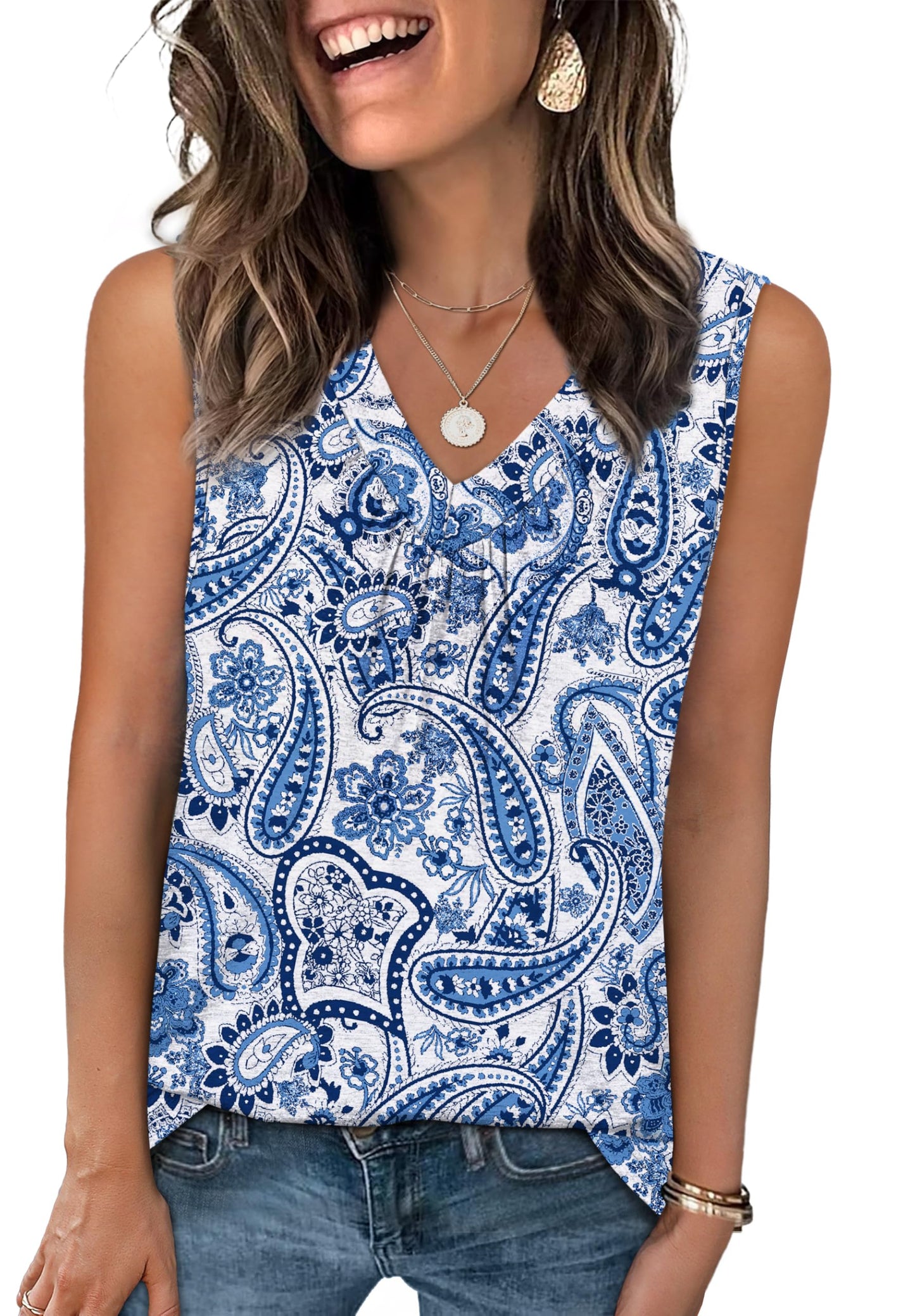 OFEEFAN Tank Top for Women Loose Fit Sleeveless Shirts V Neck Summer Clothes Ruched Women's Tees and Tanks Curved Hem