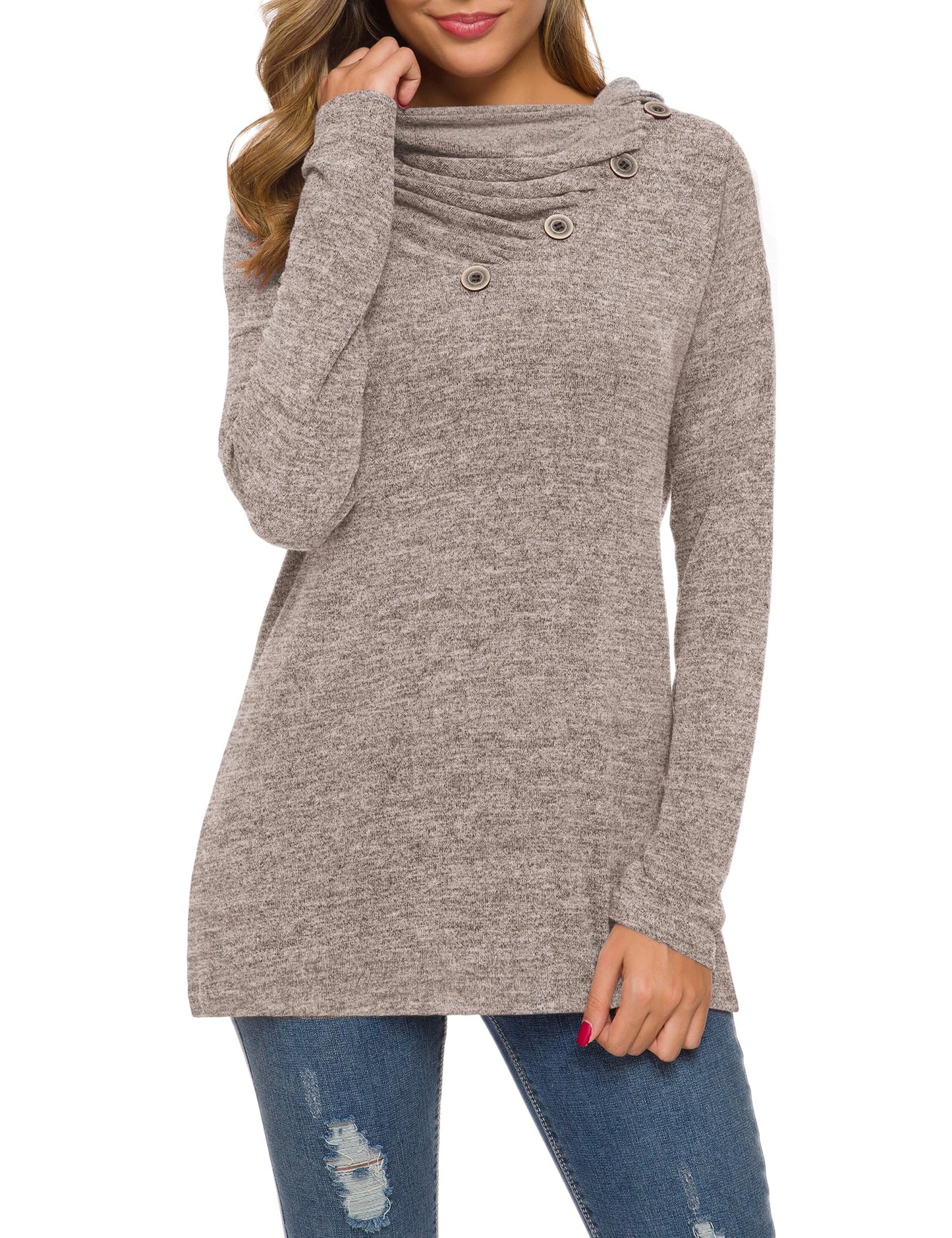WEACZZY Women's Long Sleeve Shirts Button Cowl Neck Casual Loose Tunic Tops Blouse Dressy Fashion 2026